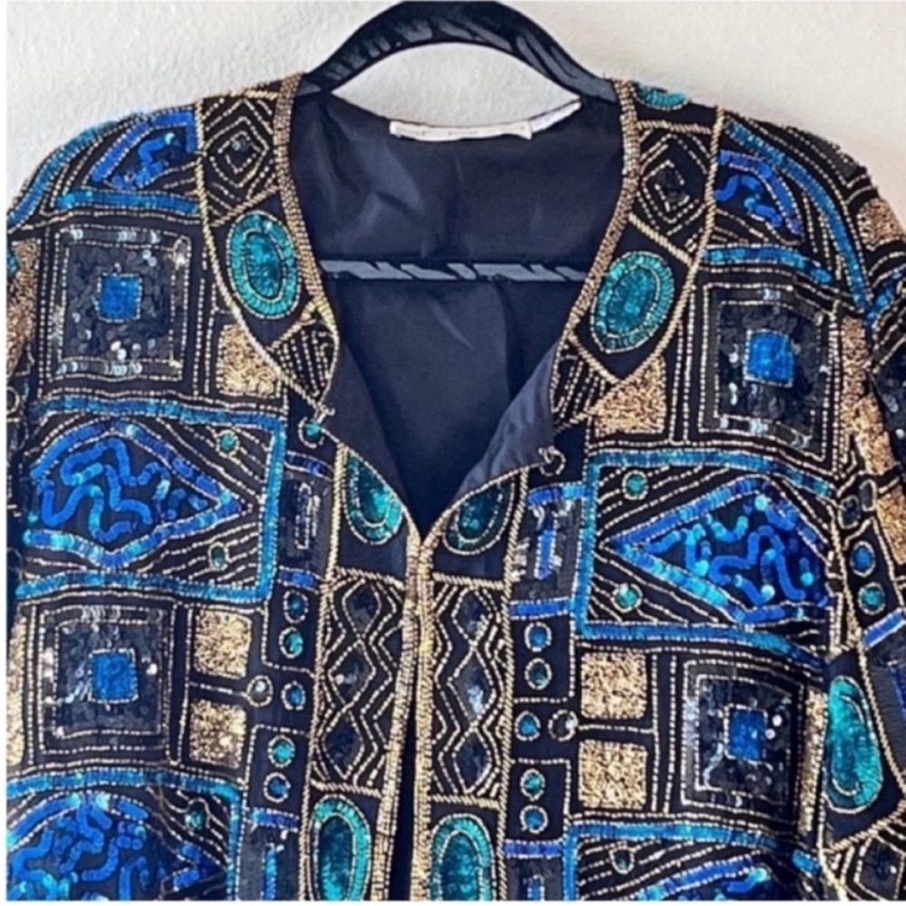 Vintage Scala Black Jacket with Blue and Teal Embellishments